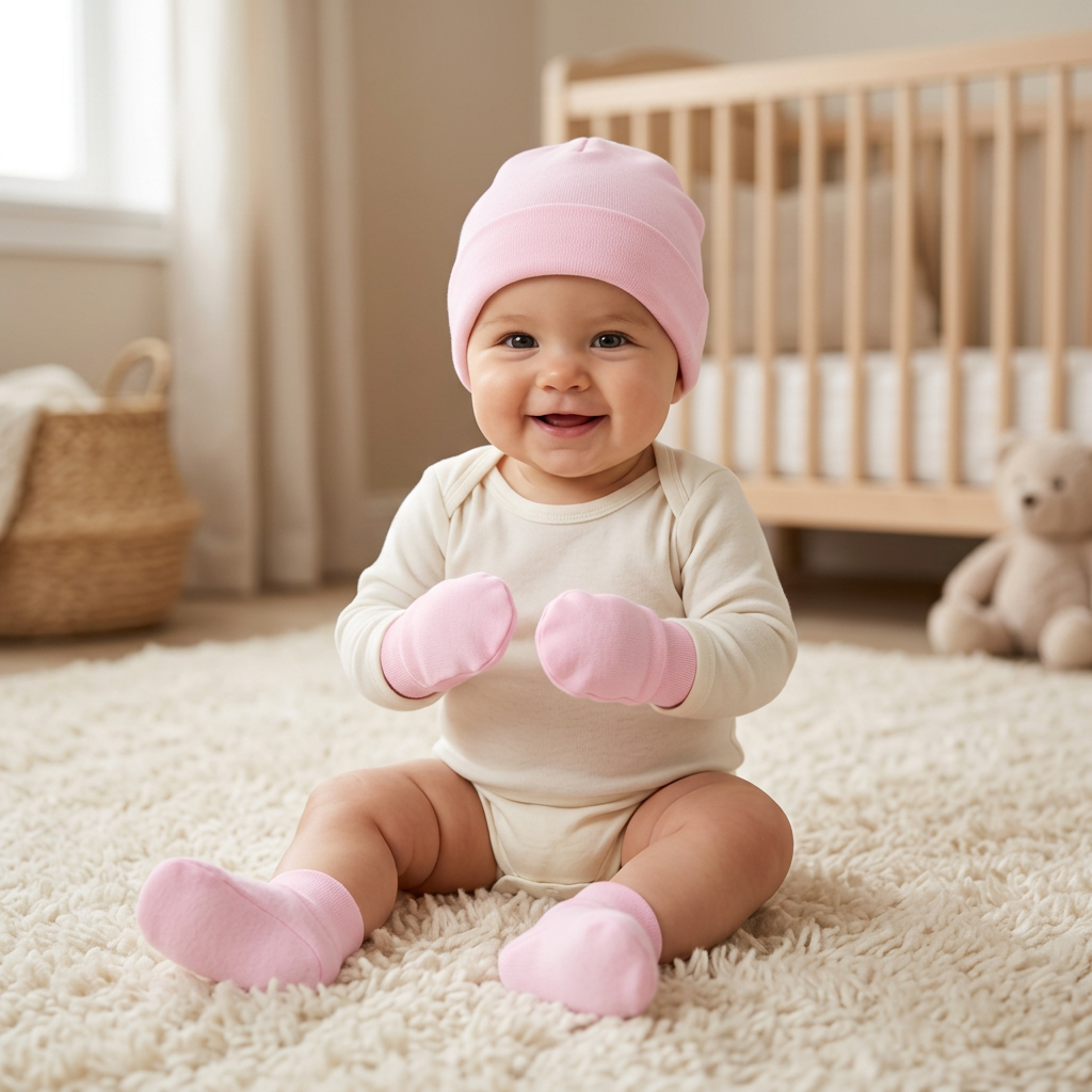 Bébé assis sur le tapis de sa chambre, portant le bonnet, les moufles et les chaussons rose pastel de référence.